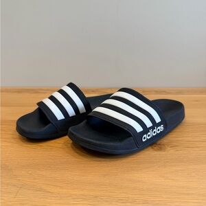 adidas Kids Black Slide Sandals with White Three Stripes